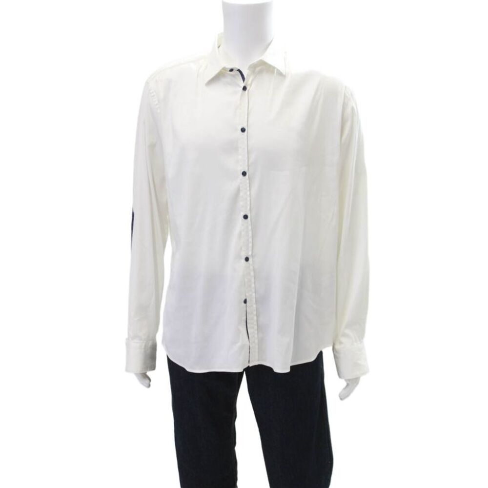 Aglini Mens Button Front Long Sleeve Collared Dress Shirt White Cotton Size 44